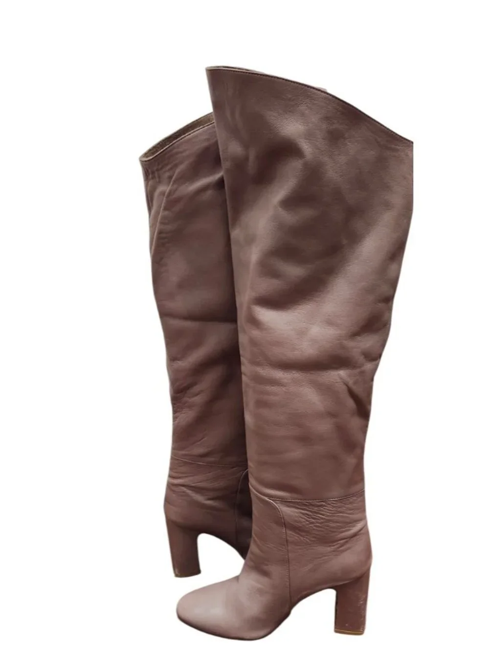 Stuart Weitzman Brown Leather Suede Cuff Knee High Boots Block Heel Size 9 Spain